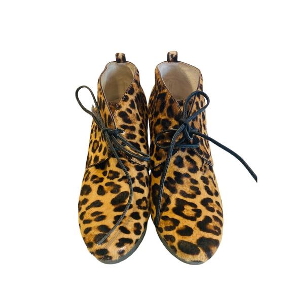 JIMMY CHOO Brown Leopard Calf Hair Baxter Wedge Lace Up Ankle Booties Size 34.5 - Picture 2 of 9